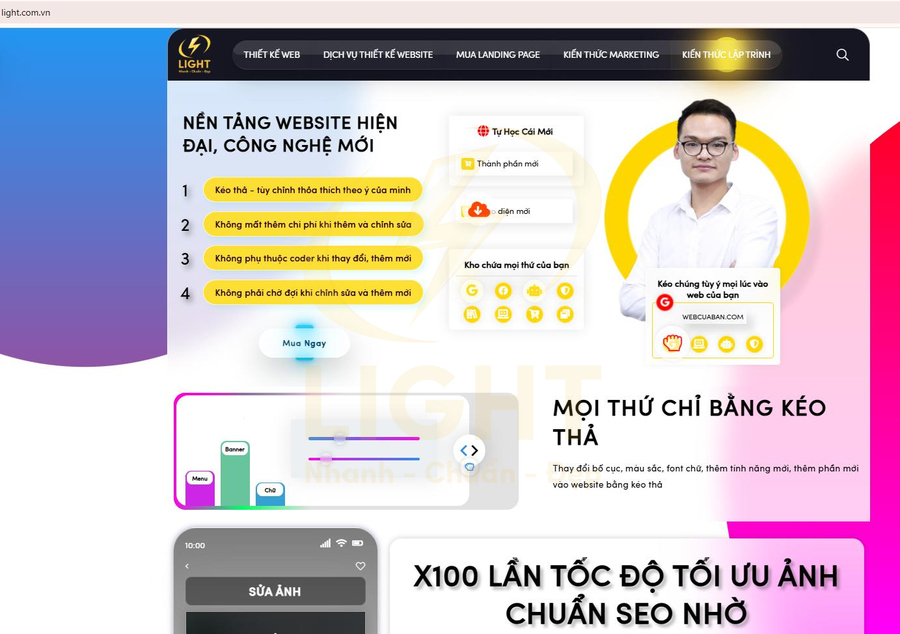 Giao diện trang chủ Light.com.vn giới thiệu nền tảng thiết kế website kéo thả hiện đại