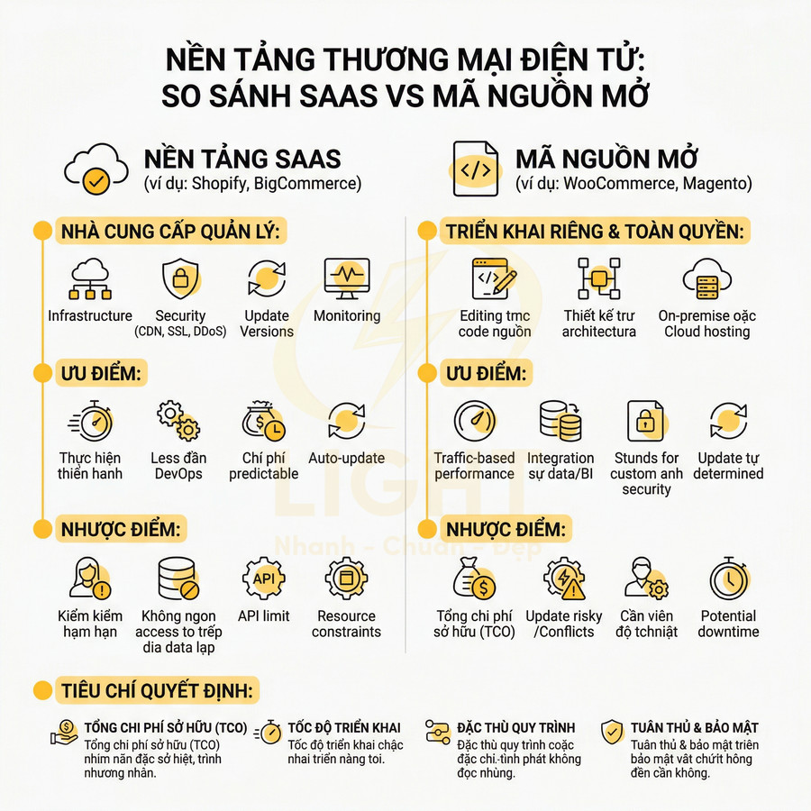 So sánh nền tảng thương mại điện tử SaaS như Shopify, BigCommerce với mã nguồn mở WooCommerce, Magento