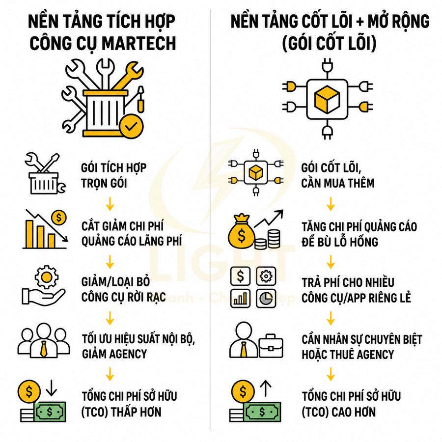 So sánh nền tảng tích hợp công cụ Martech với nền tảng cốt lõi mở rộng về chi phí và hiệu quả marketing