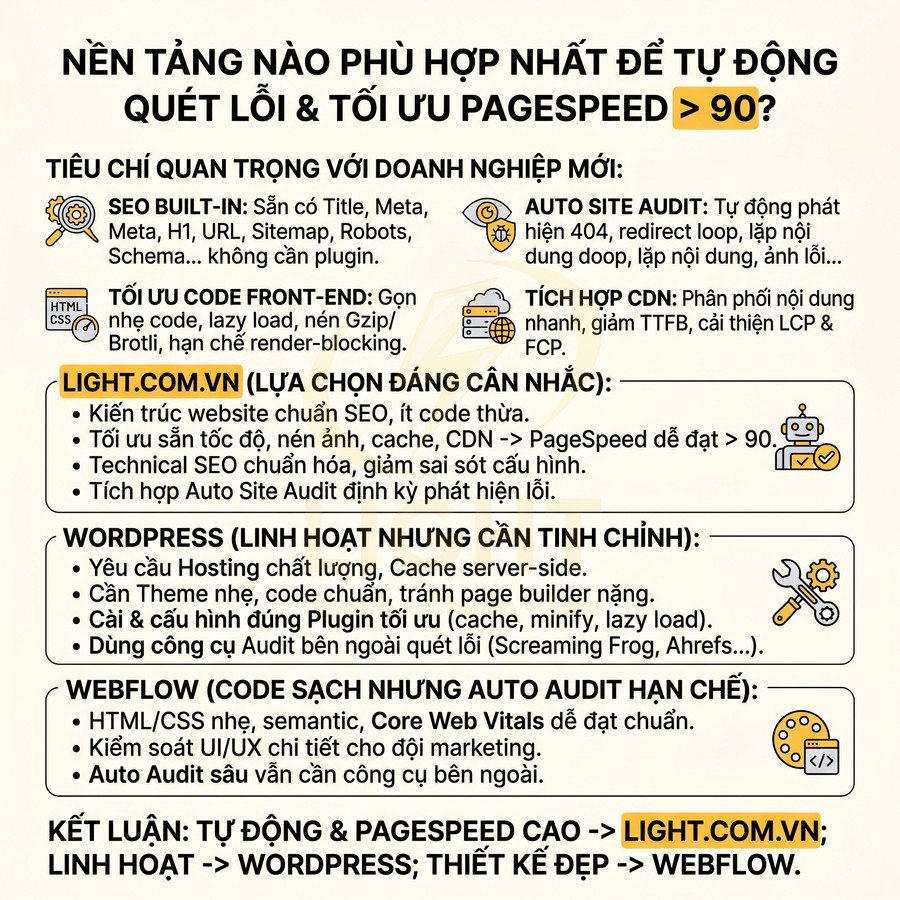 Infographic so sánh nền tảng tối ưu SEO và PageSpeed, nhấn mạnh giải pháp tự động quét lỗi của LIGHT.COM.VN