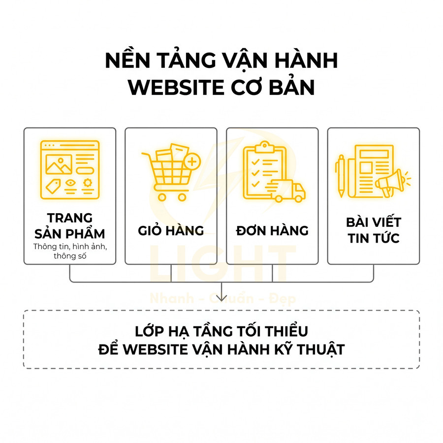 Mô tả nền tảng vận hành website cơ bản với trang sản phẩm, giỏ hàng, đơn hàng và bài viết tin tức