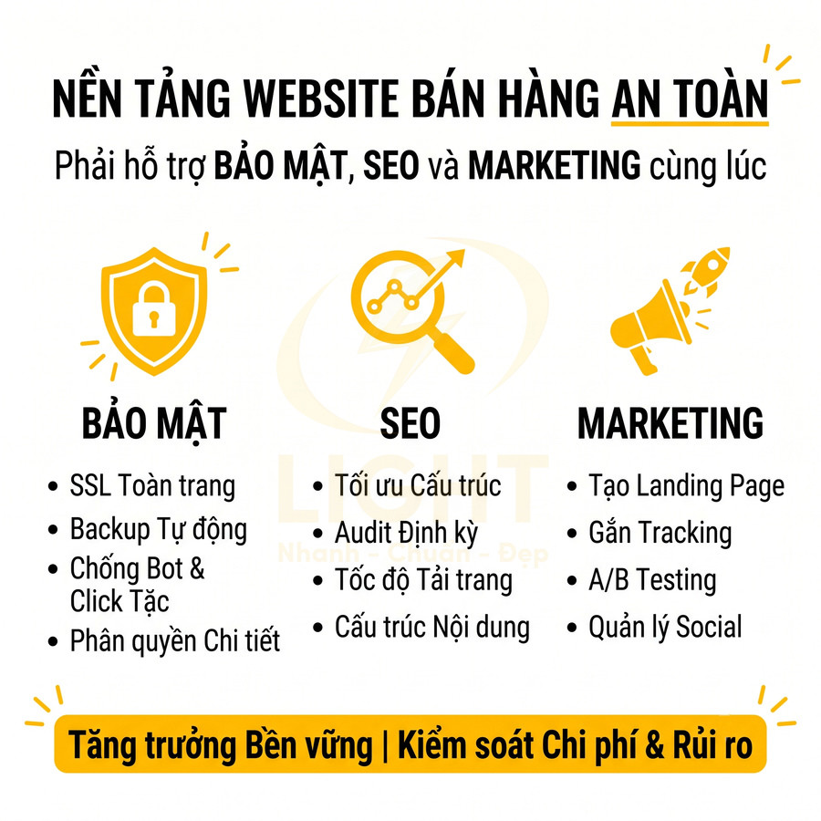 Nền tảng website bán hàng an toàn hỗ trợ bảo mật SEO marketing giúp tăng trưởng bền vững kiểm soát chi phí rủi ro