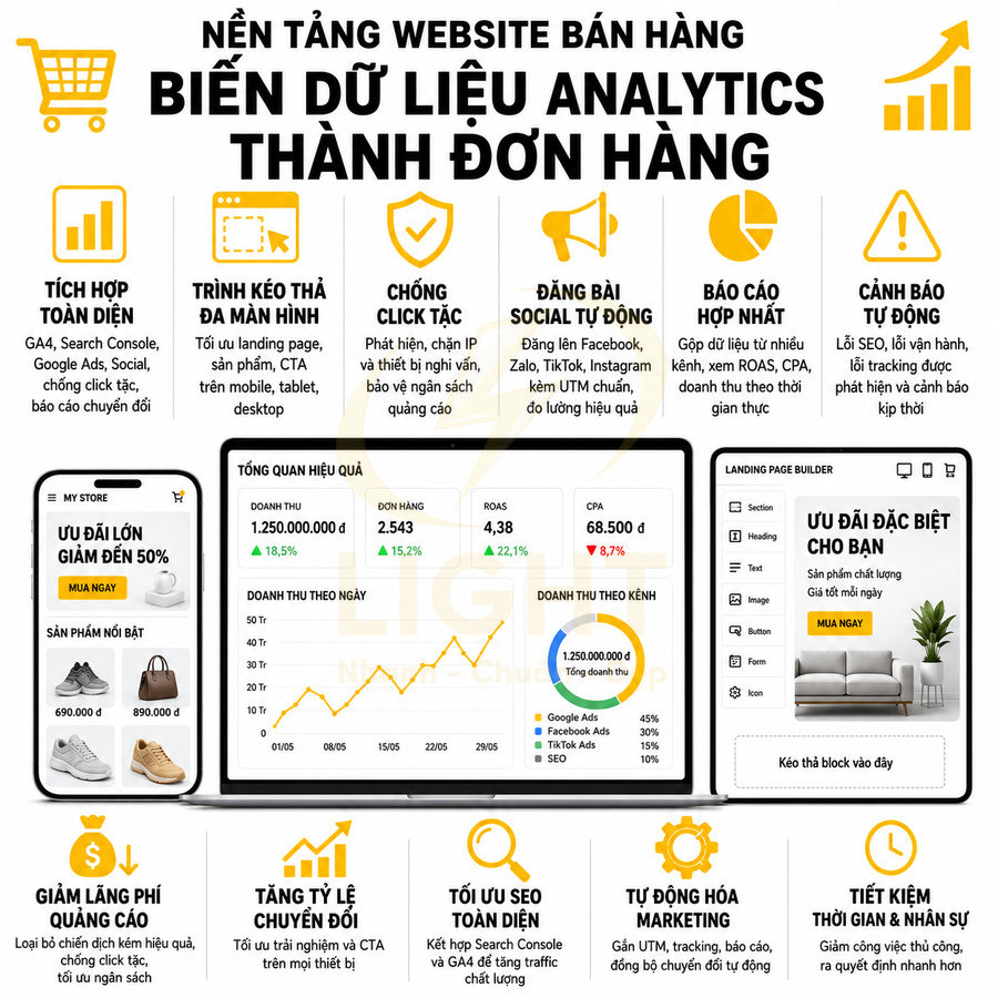 Nền tảng website bán hàng phân tích dữ liệu Google Analytics để tối ưu quảng cáo và tăng chuyển đổi đơn hàng
