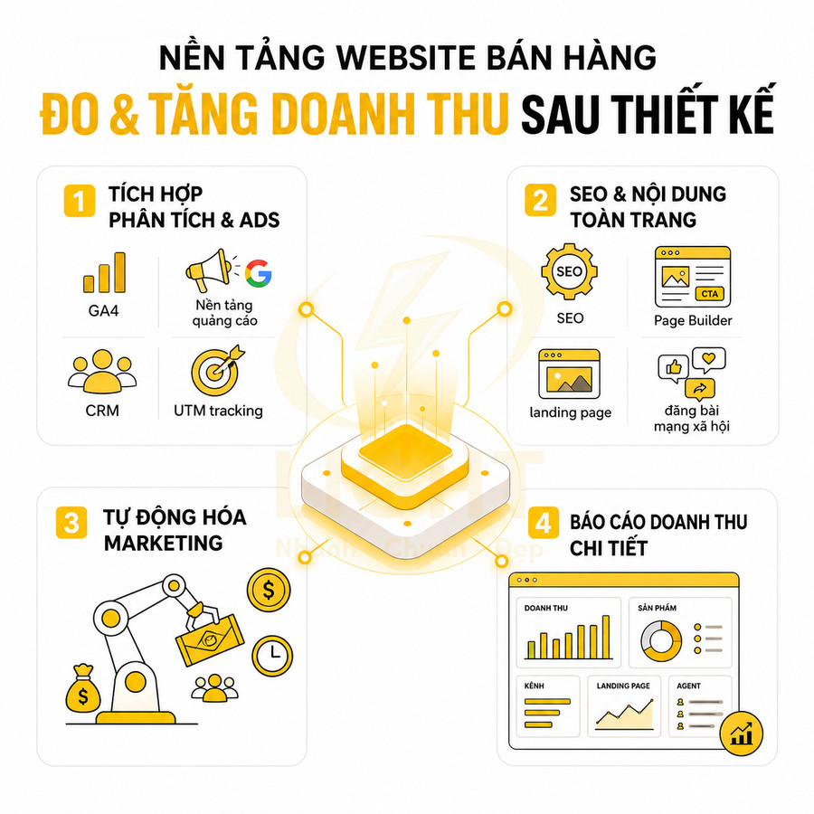 Nền tảng thiết kế website bán hàng tích hợp GA4, CRM, SEO, tự động hóa marketing và báo cáo doanh thu chi tiết
