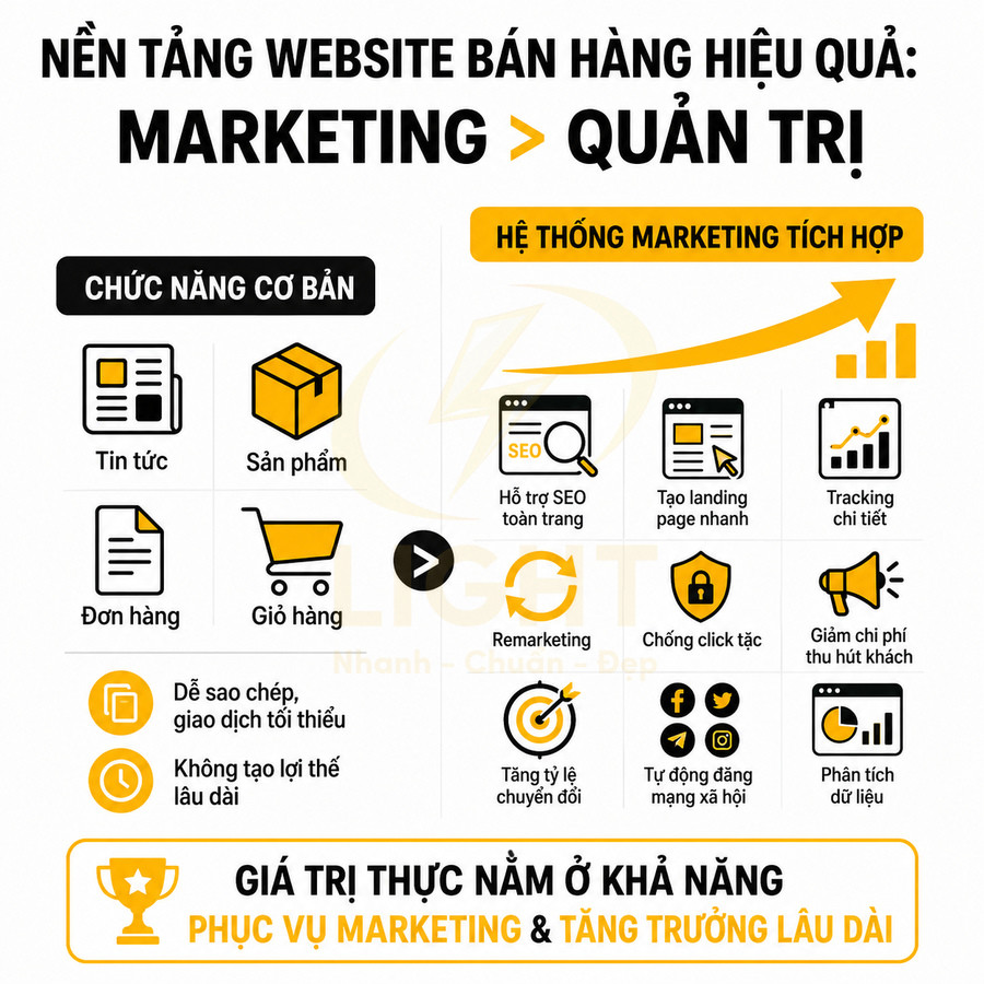 Mô tả nền tảng website bán hàng với các chức năng cơ bản và hệ thống marketing tích hợp tăng trưởng lâu dài