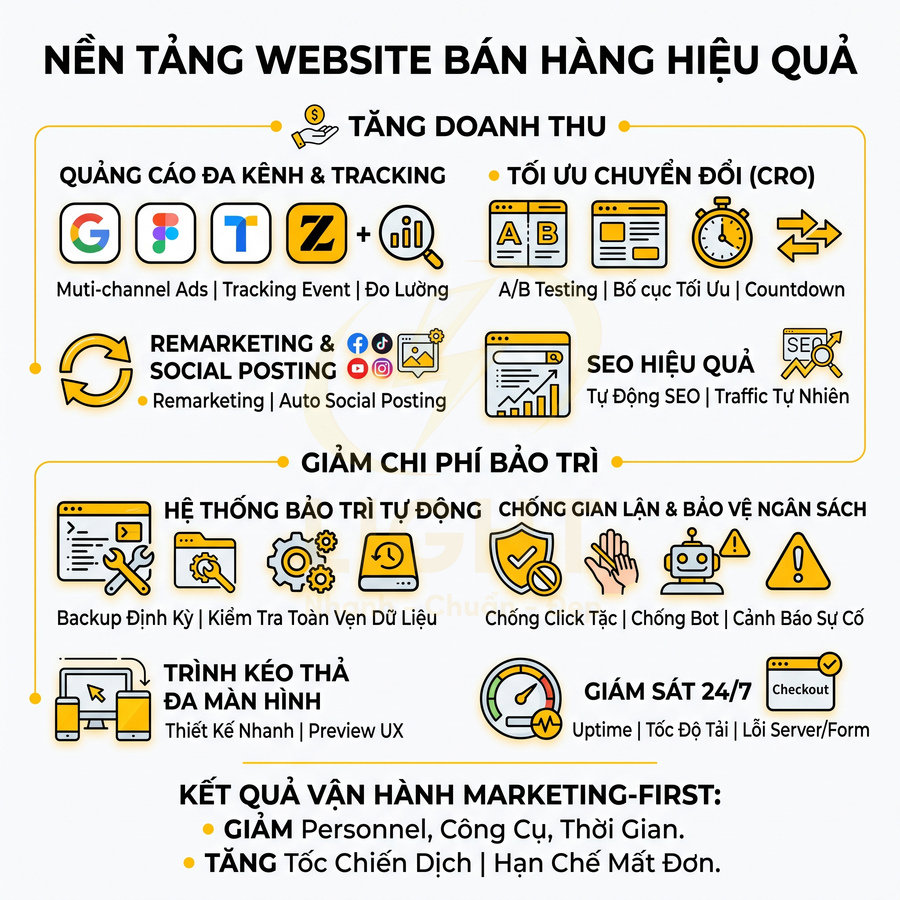 Nền tảng website bán hàng hiệu quả với tính năng quảng cáo đa kênh, CRO, remarketing, SEO và giám sát 24/7
