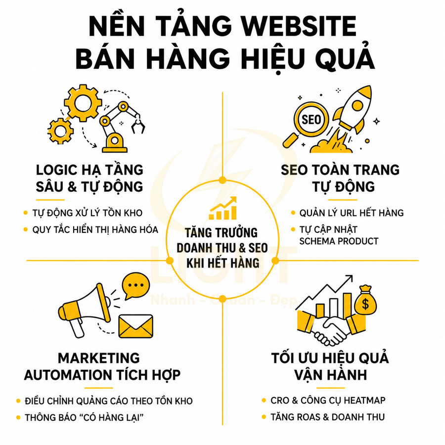 Nền tảng website bán hàng hiệu quả với tự động hóa SEO, marketing, vận hành và xử lý tồn kho tăng trưởng doanh thu