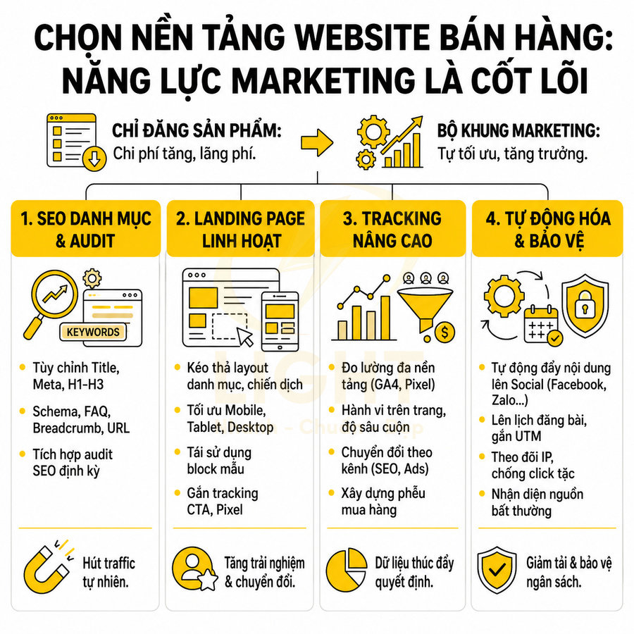 Infographic tiêu chí chọn nền tảng website bán hàng với các tính năng SEO, landing page, tracking và tự động hóa marketing