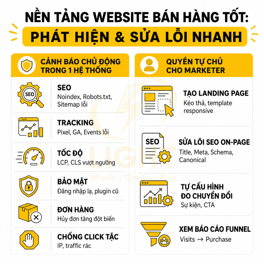 Nền tảng website bán hàng hỗ trợ phát hiện và sửa lỗi SEO, tracking, tốc độ, bảo mật, đơn hàng và tối ưu marketer
