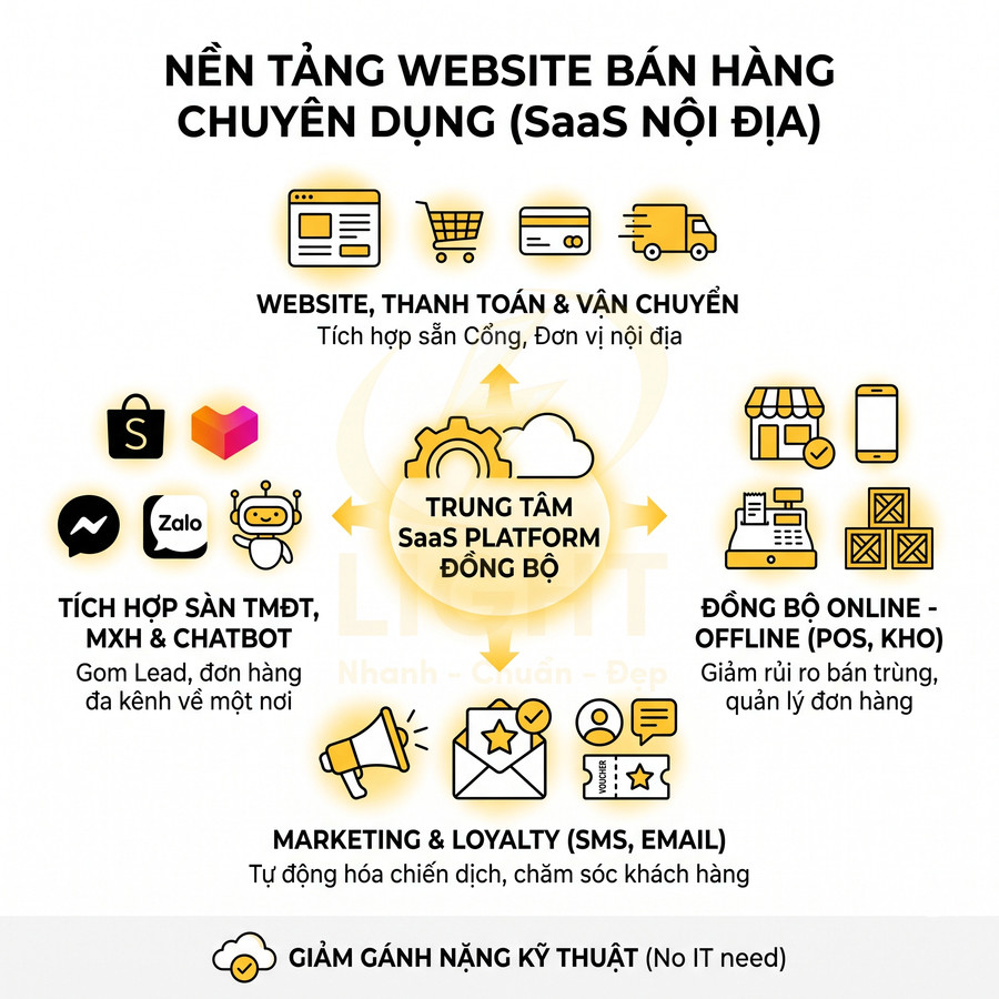 Nền tảng SaaS nội địa cho website bán hàng, đồng bộ thanh toán, vận chuyển, marketing và quản lý kho POS