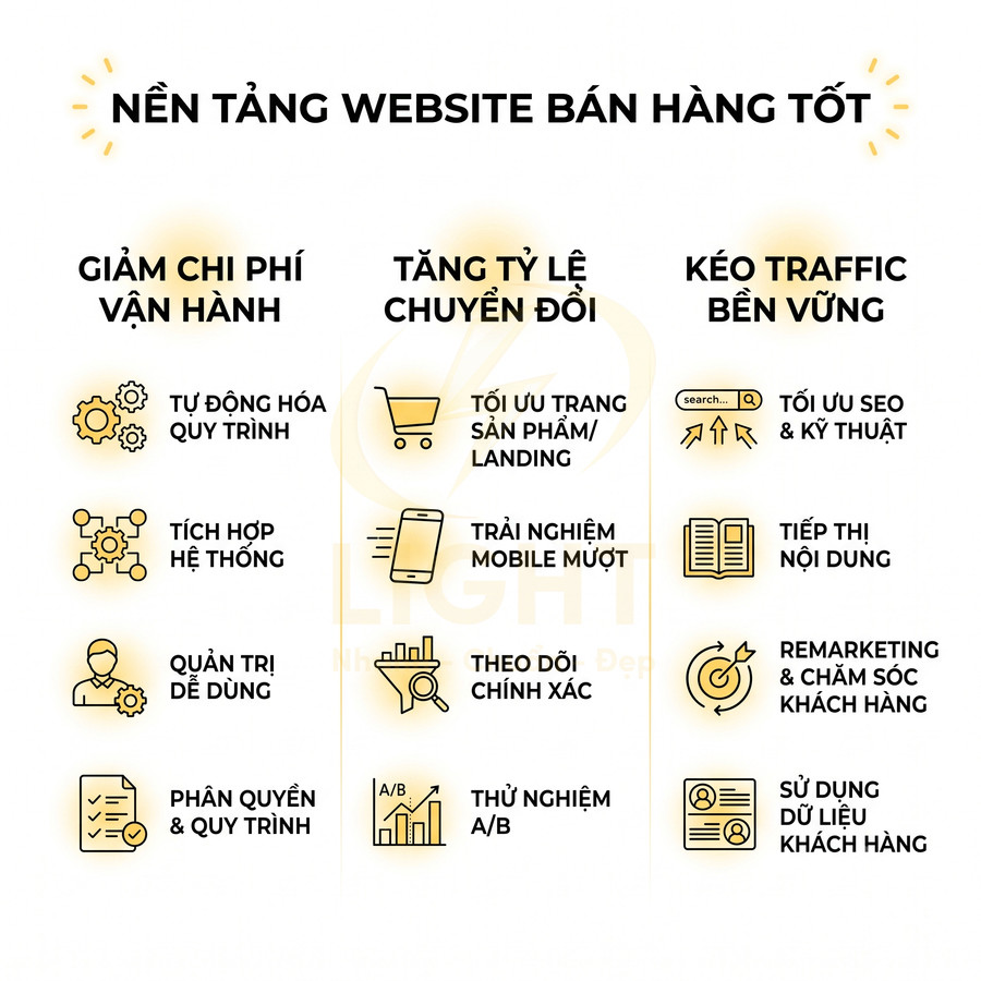 Lợi ích nền tảng website bán hàng tốt giúp giảm chi phí vận hành, tăng chuyển đổi và kéo traffic bền vững