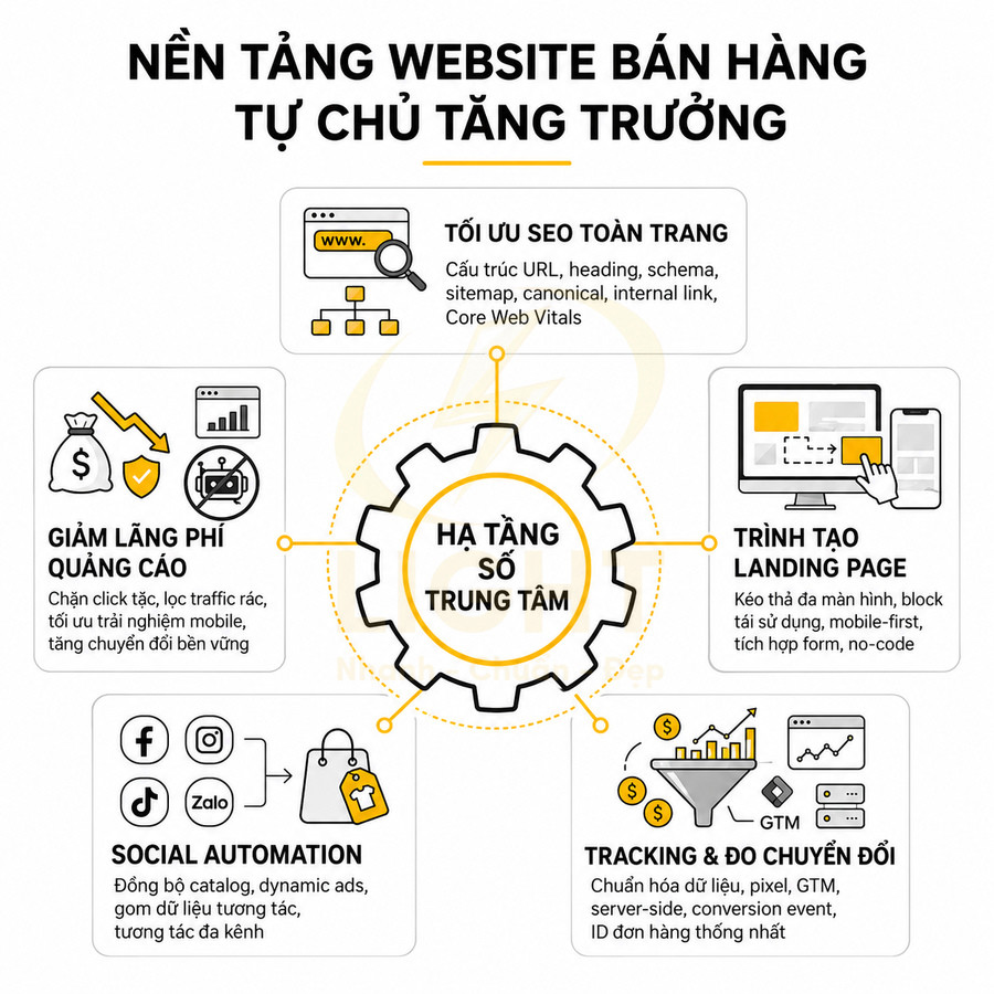 Nền tảng website bán hàng tự chủ tăng trưởng với hạ tầng số trung tâm và các giải pháp SEO, landing page, tracking, social automation
