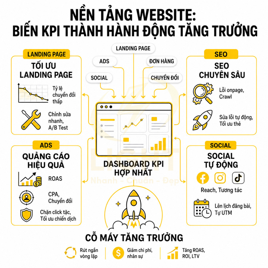 Nền tảng website với dashboard KPI hợp nhất tối ưu landing page, SEO, quảng cáo và social để tăng trưởng doanh thu