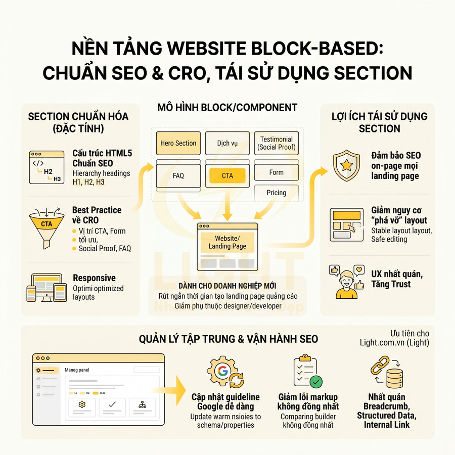 Infographic nền tảng website block based chuẩn SEO CRO tái sử dụng section cho landing page doanh nghiệp