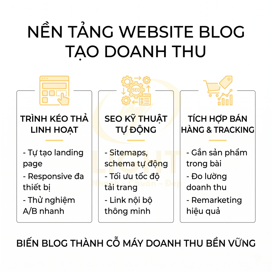 Nền tảng website blog tạo doanh thu với trình kéo thả, SEO kỹ thuật tự động và tích hợp bán hàng tracking