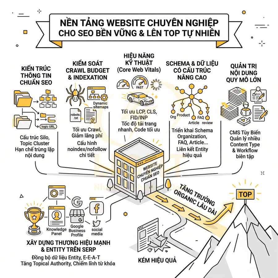Mô hình nền tảng website chuyên nghiệp chuẩn SEO với kiến trúc, kỹ thuật, schema và quản trị nội dung tối ưu