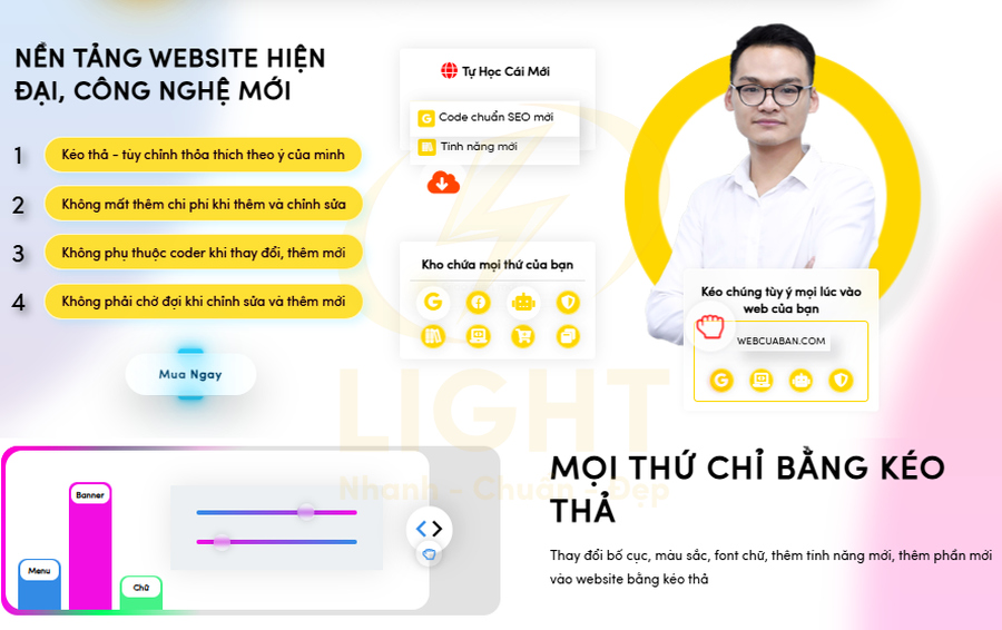 Giao diện nền tảng thiết kế website kéo thả hiện đại với chuyên gia hướng dẫn và các tính năng tùy chỉnh trực quan