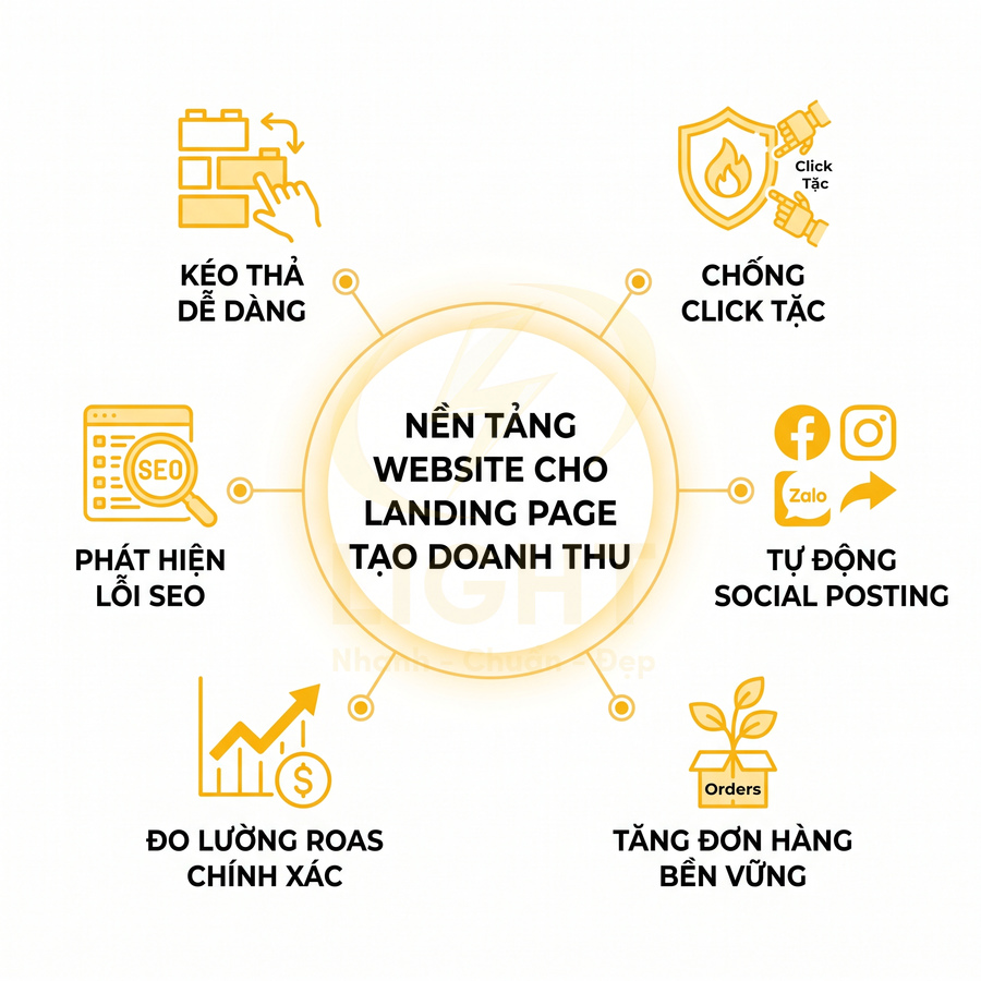 Nền tảng website landing page với kéo thả dễ dàng, phát hiện lỗi SEO, chống click tặc, đo ROAS và tăng đơn hàng bền vững
