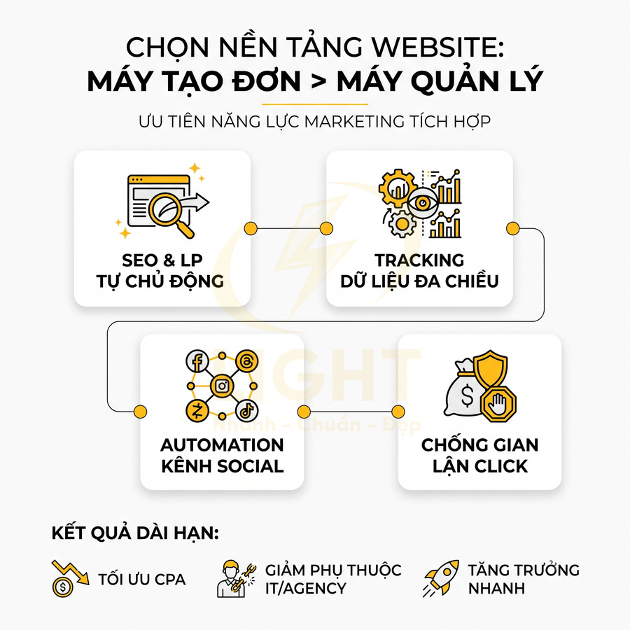 Infographic nền tảng website tạo đơn với SEO, tracking dữ liệu, automation social và chống gian lận click