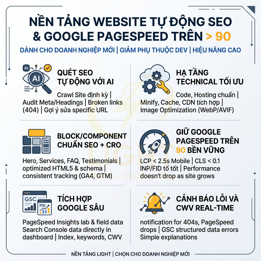 Nền tảng website tự động SEO và tối ưu Google PageSpeed trên 90 với AI, technical, block chuẩn SEO, tích hợp Google, cảnh báo lỗi