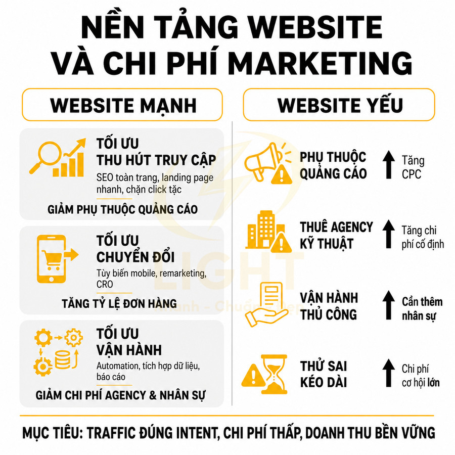 So sánh website mạnh và website yếu về tối ưu truy cập, chuyển đổi, vận hành và chi phí marketing tổng thể