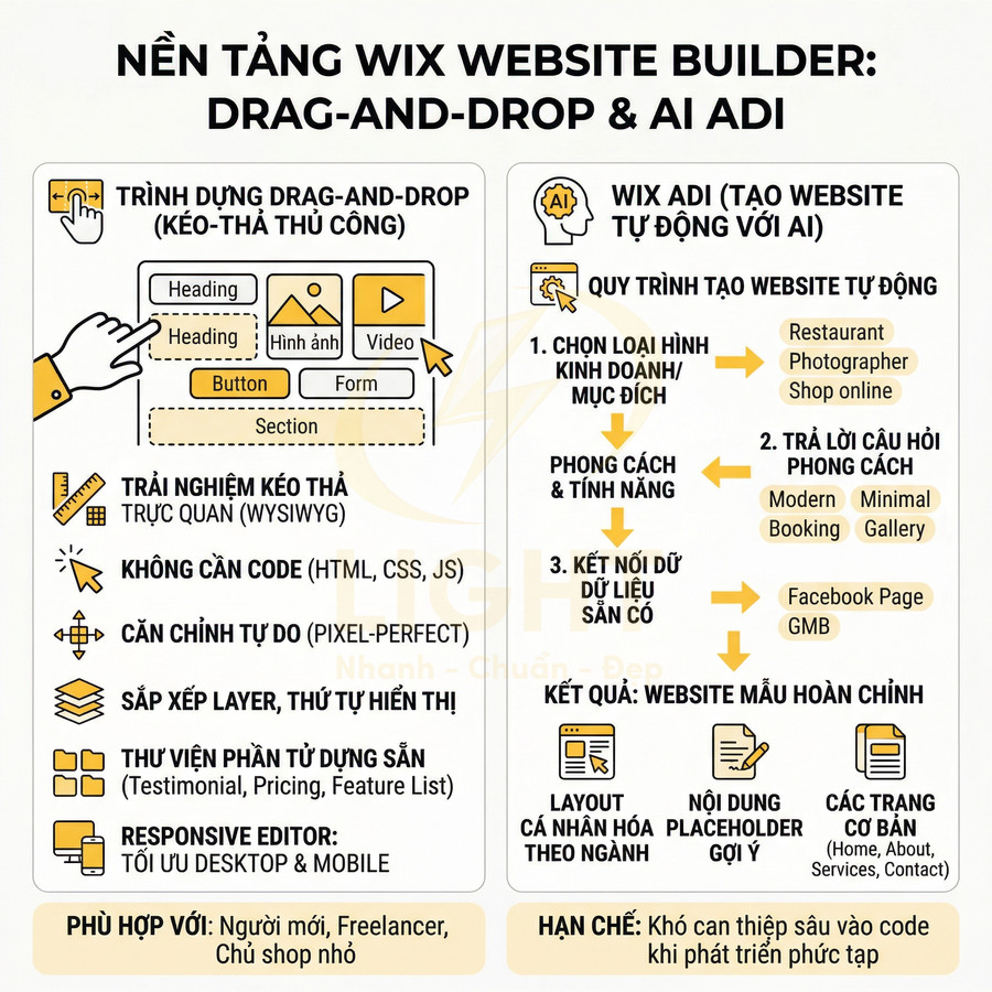 Infographic giới thiệu nền tảng Wix Website Builder với trình kéo thả và Wix ADI tạo website tự động bằng AI