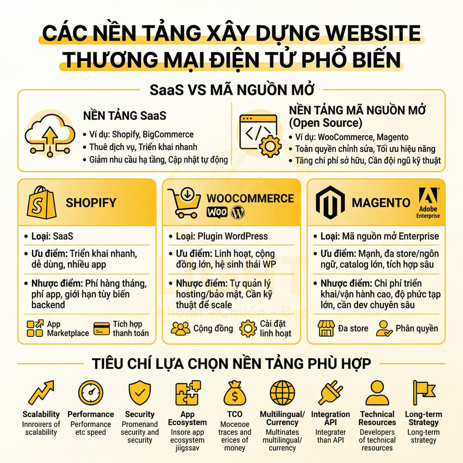 Infographic so sánh nền tảng xây dựng website thương mại điện tử Shopify WooCommerce Magento và tiêu chí lựa chọn