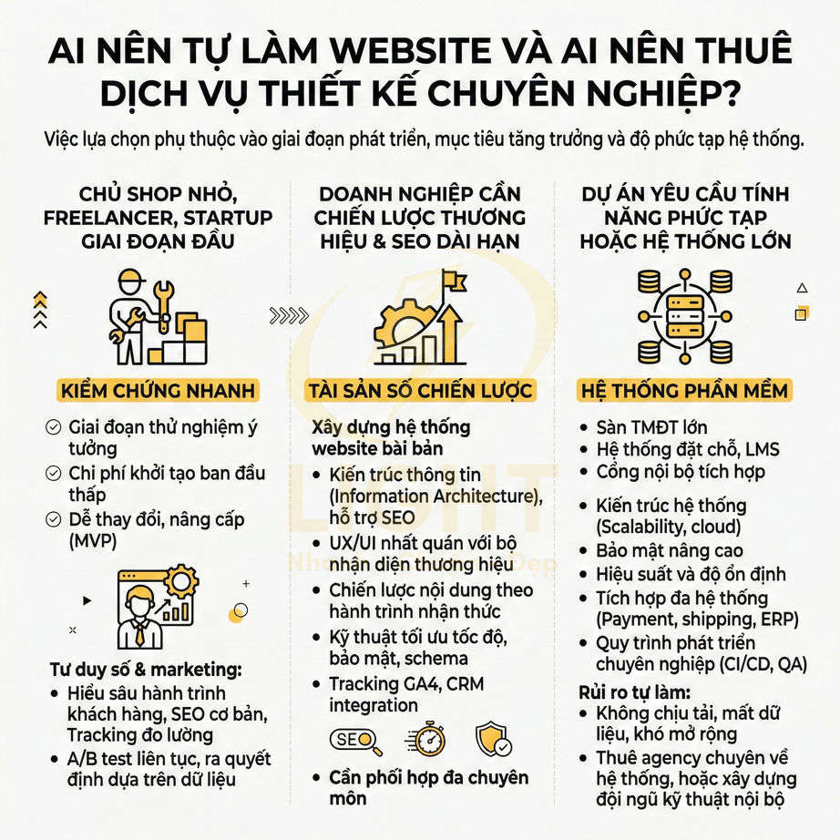 Infographic so sánh tự làm website và thuê dịch vụ thiết kế chuyên nghiệp cho shop nhỏ và doanh nghiệp lớn