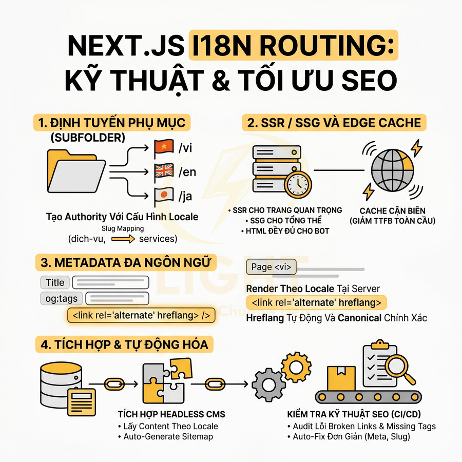 Infographic hướng dẫn kỹ thuật tối ưu SEO i18n routing cho Next.js với định tuyến phụ mục và metadata đa ngôn ngữ