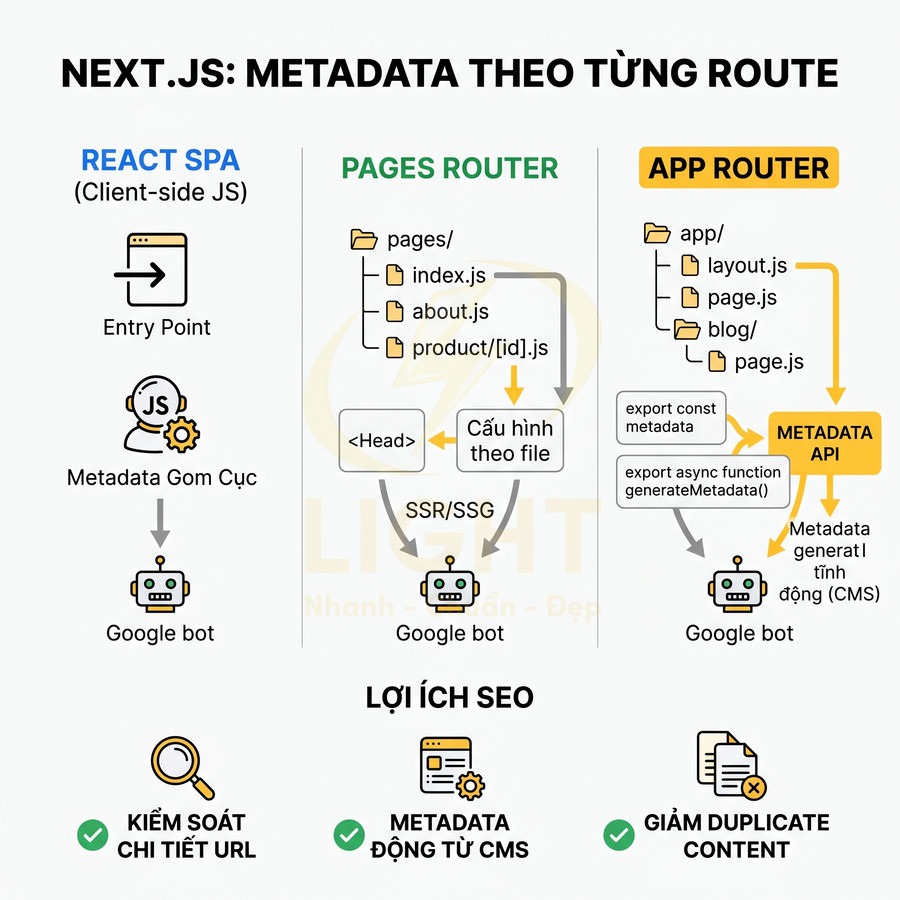 So sánh metadata theo từng route trong Next.js với React SPA, Pages Router và App Router, nhấn mạnh lợi ích SEO