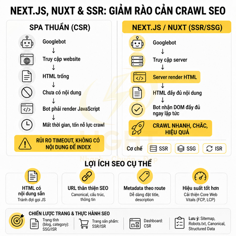 Infographic so sánh SPA CSR với Next.js Nuxt SSR SSG ISR và lợi ích SEO khi render HTML sẵn cho Googlebot