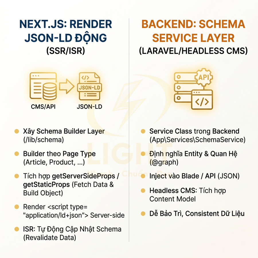 Sơ đồ kiến trúc Next.js render JSON LD động kết hợp backend Laravel headless CMS và schema service layer