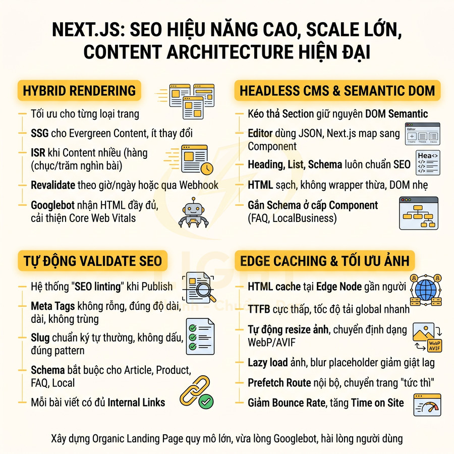 Infographic giới thiệu lợi ích Next.js cho SEO, hybrid rendering, headless CMS, tự động validate SEO và tối ưu cache, hình ảnh