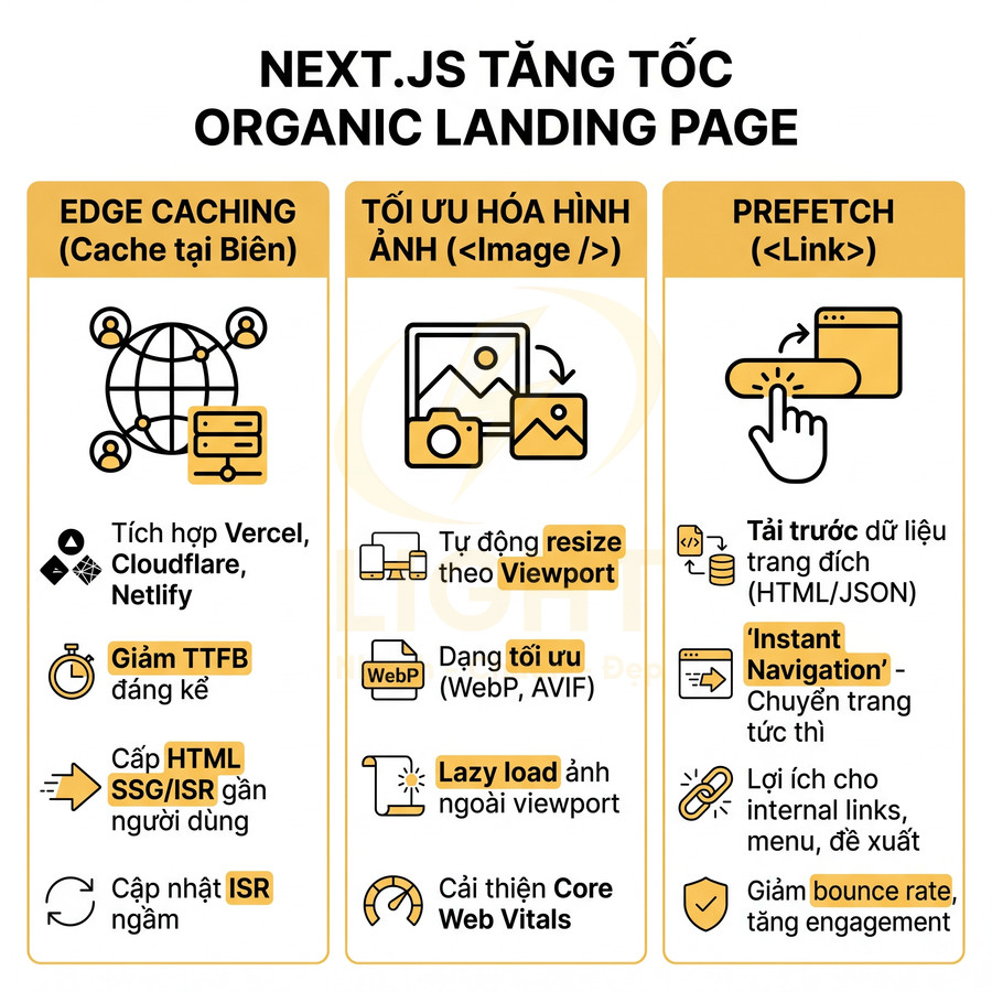 Next.js tăng tốc organic landing page với edge caching, tối ưu ảnh và prefetch dữ liệu trang đích