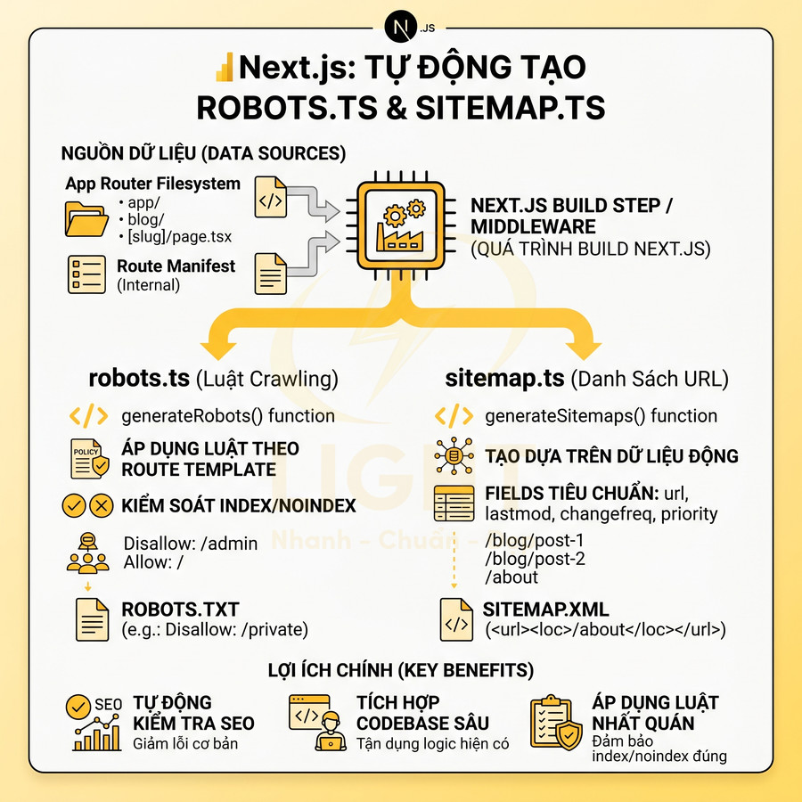 Infographic Next.js tự động tạo robots.ts và sitemap.ts để tối ưu SEO và quản lý index website