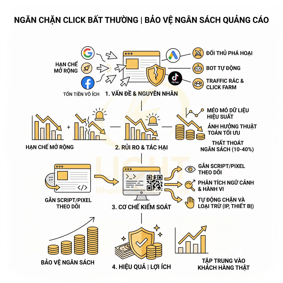 Infographic giải pháp ngăn chặn click ảo bảo vệ ngân sách quảng cáo Google Facebook TikTok và tối ưu hiệu quả chiến dịch