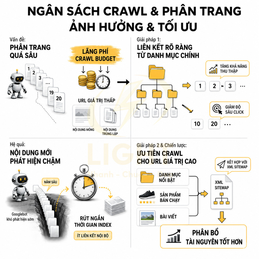 Infographic ngân sách crawl và phân trang, giải pháp tối ưu crawl budget và ưu tiên URL giá trị cao trong SEO