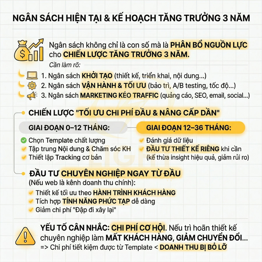 Infographic ngân sách hiện tại và kế hoạch tăng trưởng 3 năm cho chiến lược marketing và thiết kế website