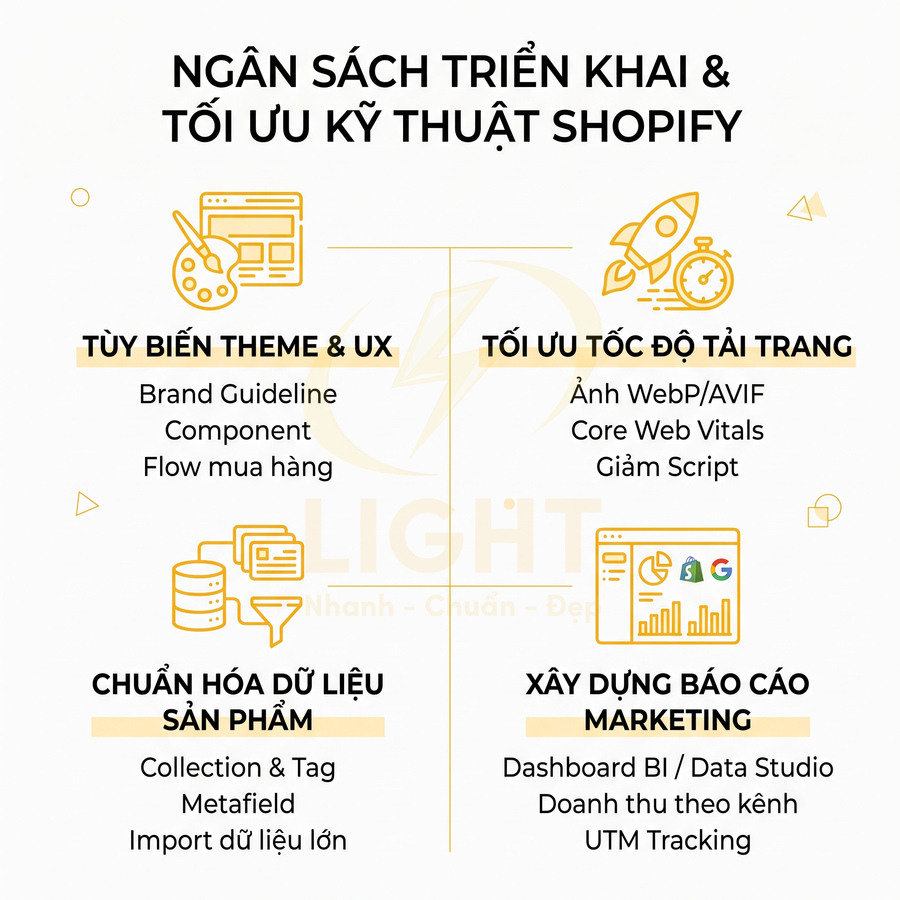 Ngân sách triển khai và tối ưu kỹ thuật Shopify với tùy biến theme UX, tối ưu tốc độ, chuẩn hóa dữ liệu và báo cáo marketing