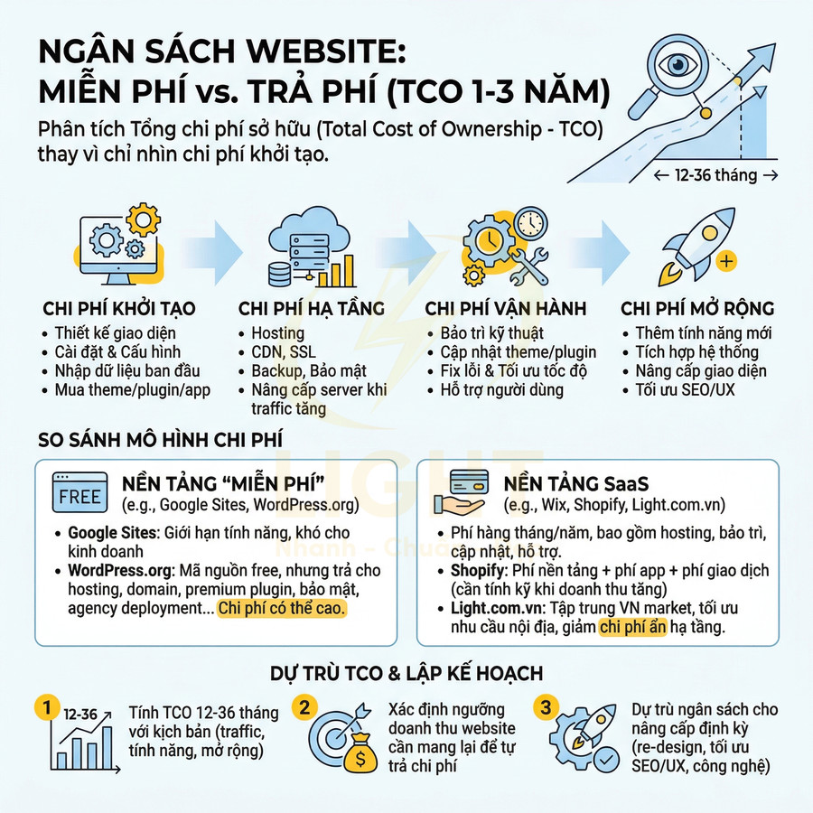 Infographic so sánh ngân sách website miễn phí và trả phí, các loại chi phí và mô hình nền tảng SaaS