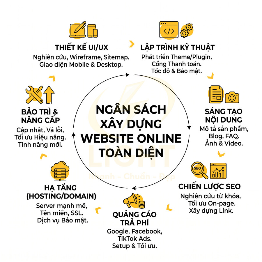 Các hạng mục ngân sách xây dựng website online toàn diện từ thiết kế, lập trình, nội dung đến SEO và quảng cáo