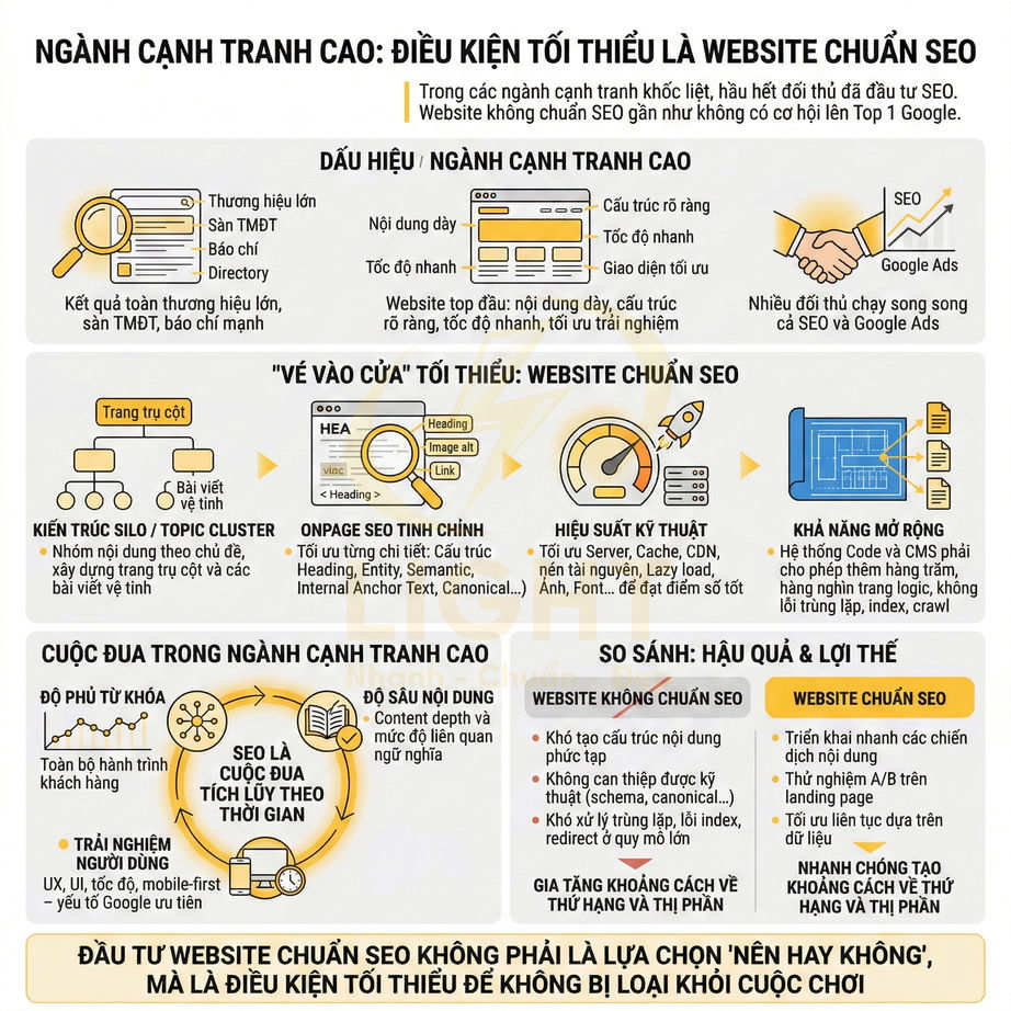 Infographic về điều kiện tối thiểu để xây dựng website chuẩn SEO trong ngành cạnh tranh cao