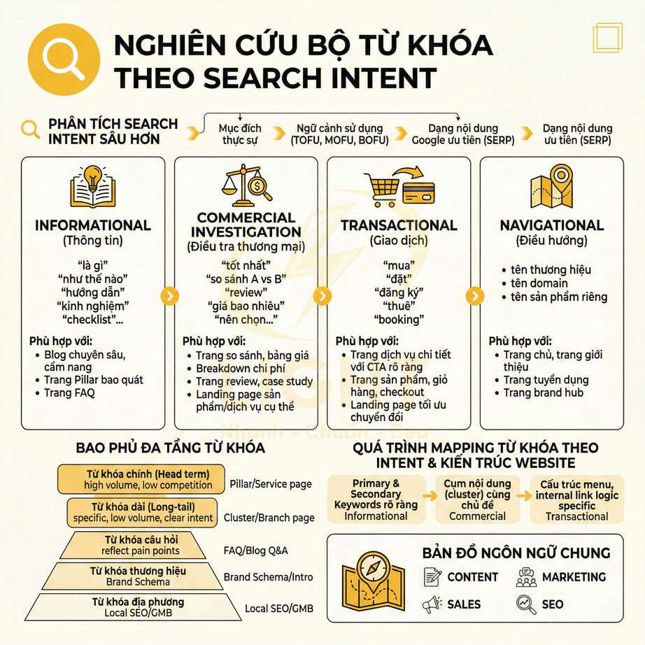 Infographic nghiên cứu bộ từ khóa theo search intent với bốn nhóm informational, commercial, transactional, navigational
