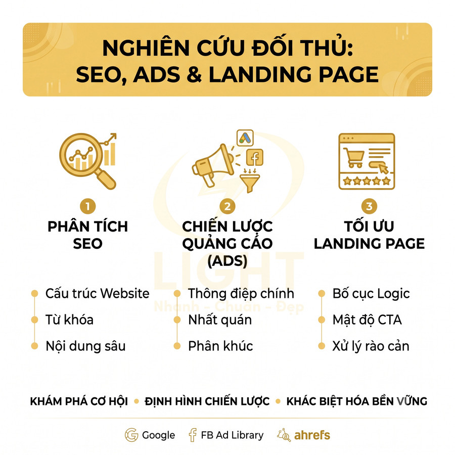 Nội dung nghiên cứu đối thủ với phân tích SEO, chiến lược quảng cáo và tối ưu landing page cho marketing online