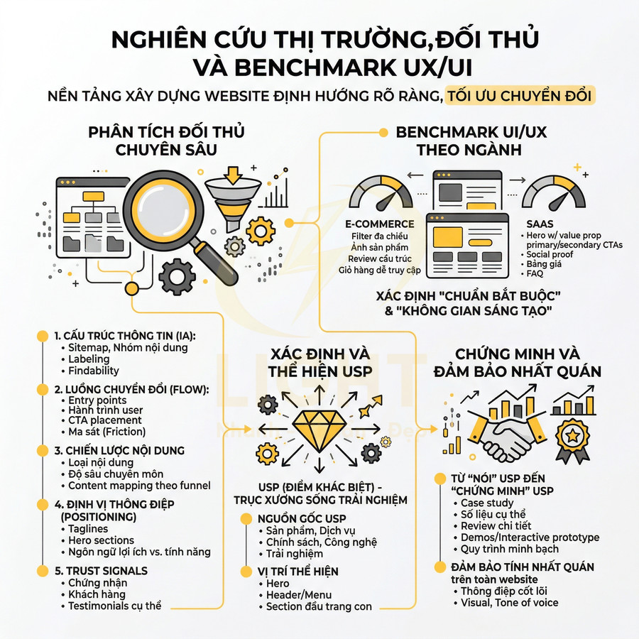 Infographic nghiên cứu thị trường đối thủ và benchmark UX UI tối ưu chuyển đổi cho website