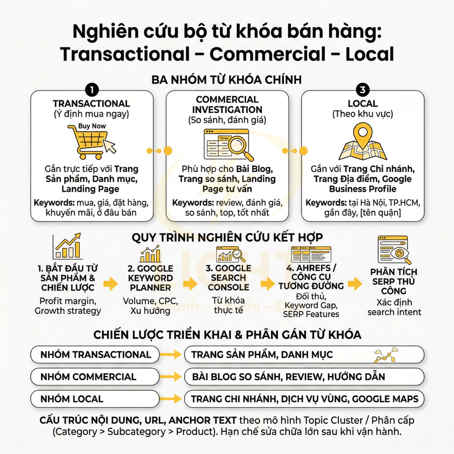 Infographic nghiên cứu bộ từ khóa bán hàng transactional commercial local và quy trình triển khai SEO