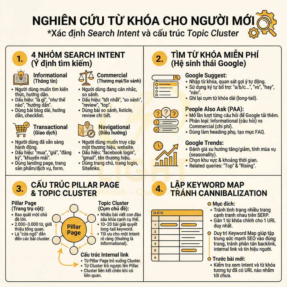 Hướng dẫn nghiên cứu từ khóa cho người mới với search intent, topic cluster và lập keyword map tránh cannibalization