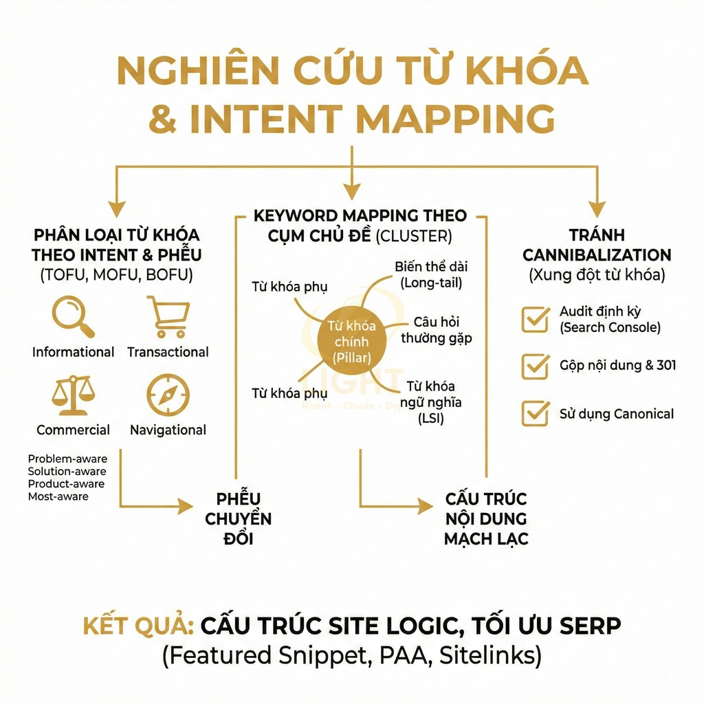 Sơ đồ nghiên cứu từ khóa và intent mapping, phân loại intent, mapping theo cụm chủ đề và tránh cannibalization