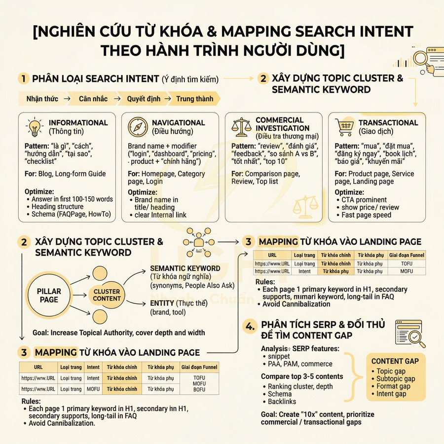 Infographic quy trình nghiên cứu từ khóa và mapping search intent chuẩn SEO bằng tiếng Việt