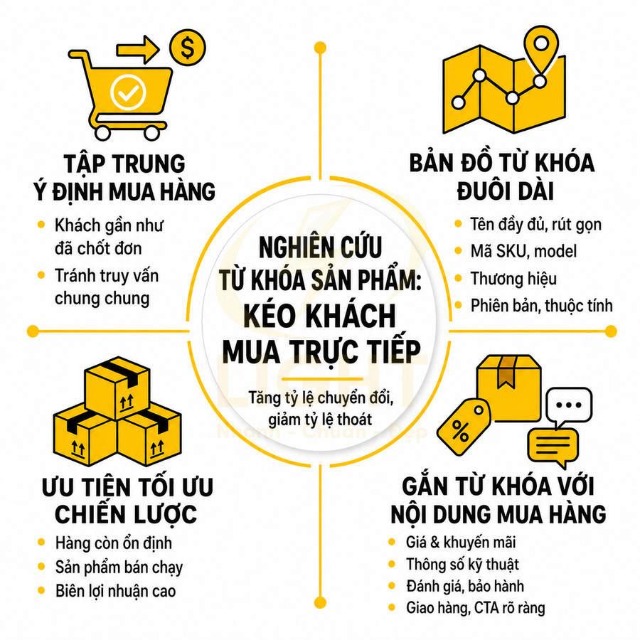 Infographic nghiên cứu từ khóa sản phẩm để kéo khách mua trực tiếp, tập trung ý định mua và tối ưu chiến lược bán hàng